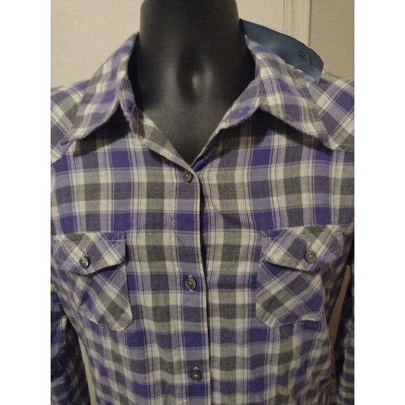 NWT New IZOD Women's Large L Cotton Button Up Shirt Purple Gray Long Sleeve - Picture 11 of 15